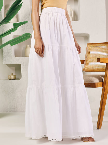 Dhiyona FL Women's White Cotton Tiered Maxi Skirt