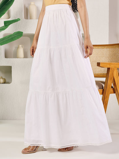 Dhiyona FL Women's White Cotton Tiered Maxi Skirt