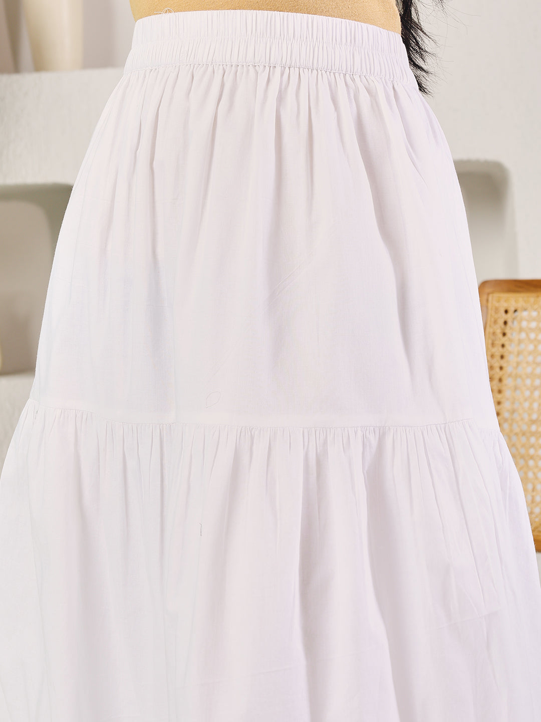 Dhiyona FL Women's White Cotton Tiered Maxi Skirt