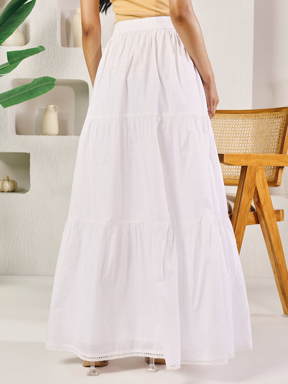 Dhiyona FL Women's White Cotton Tiered Maxi Skirt