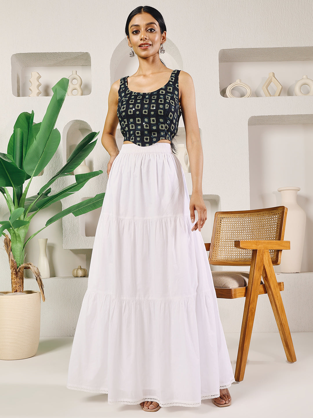 Dhiyona FL Women's White Cotton Tiered Maxi Skirt