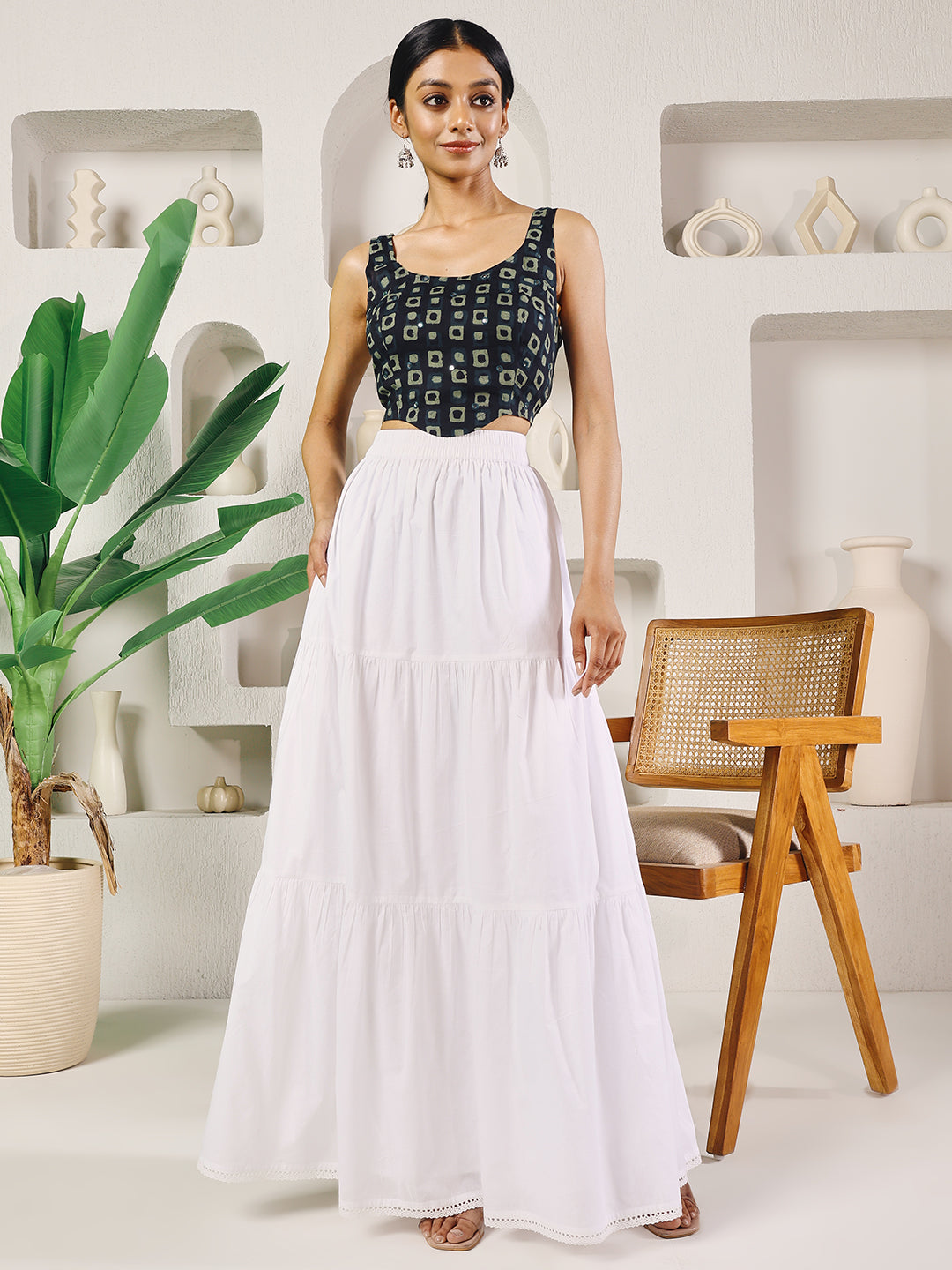 Dhiyona FL Women's White Cotton Tiered Maxi Skirt