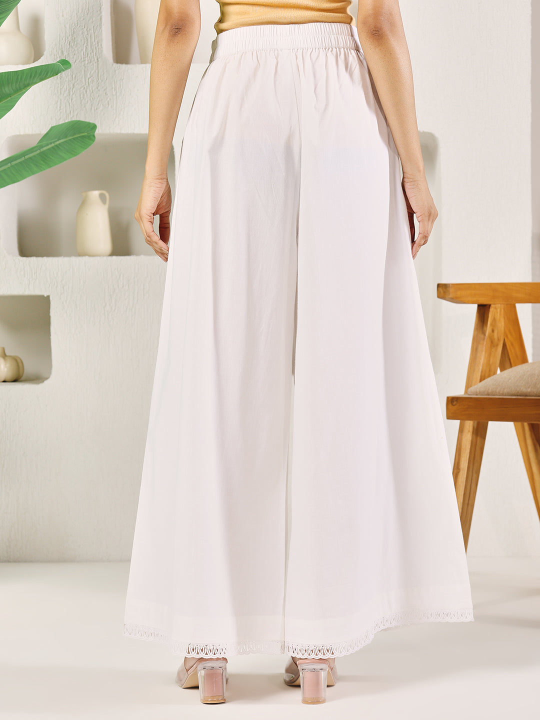 Dhiyona FL Women's White Cotton Solid Palazzo with Lace