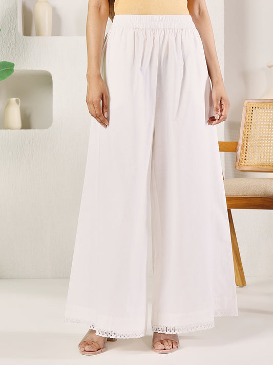 Dhiyona FL Women's White Cotton Solid Palazzo with Lace