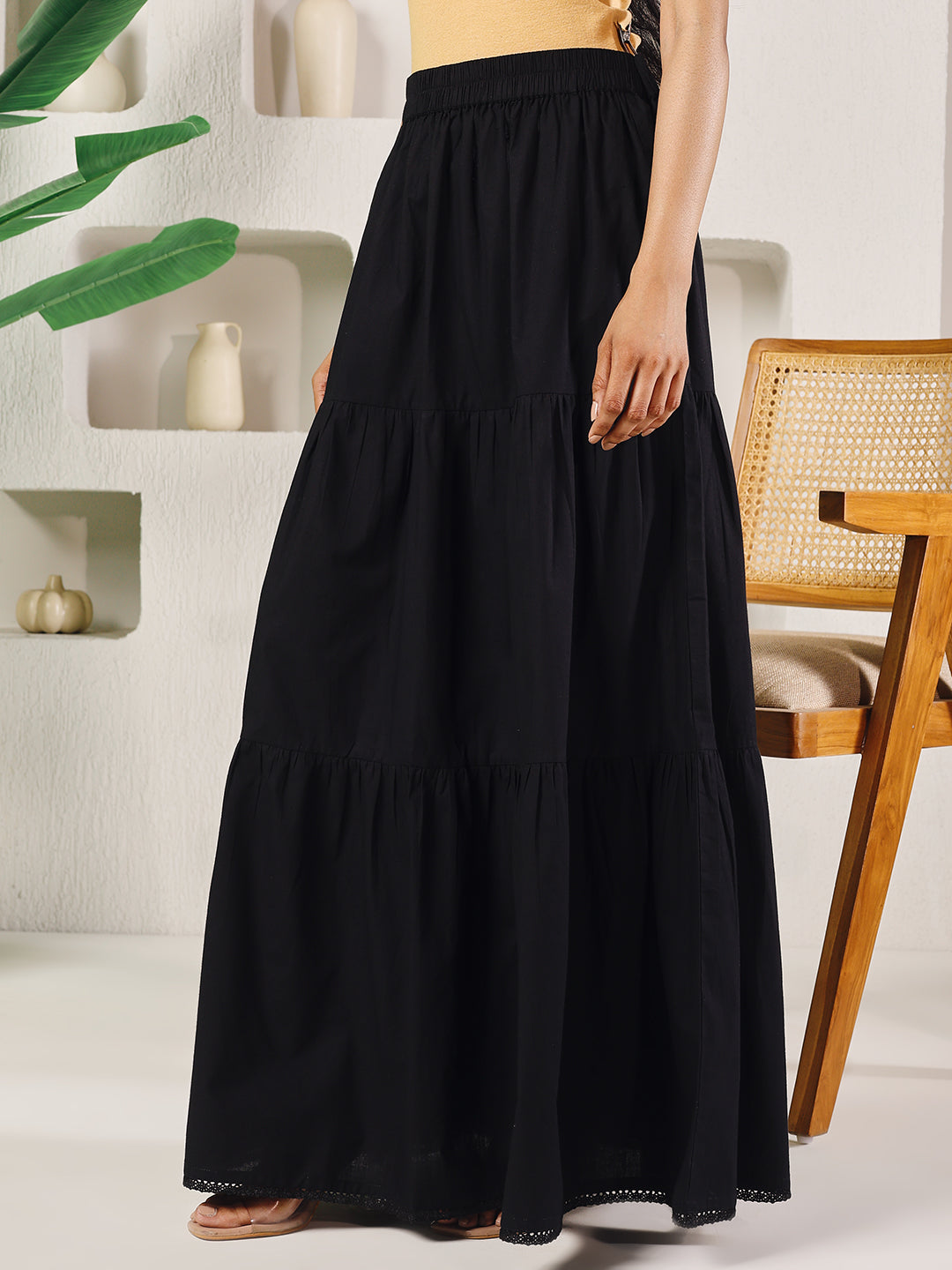 Dhiyona FL Women's Black Cotton Tiered Maxi Skirt