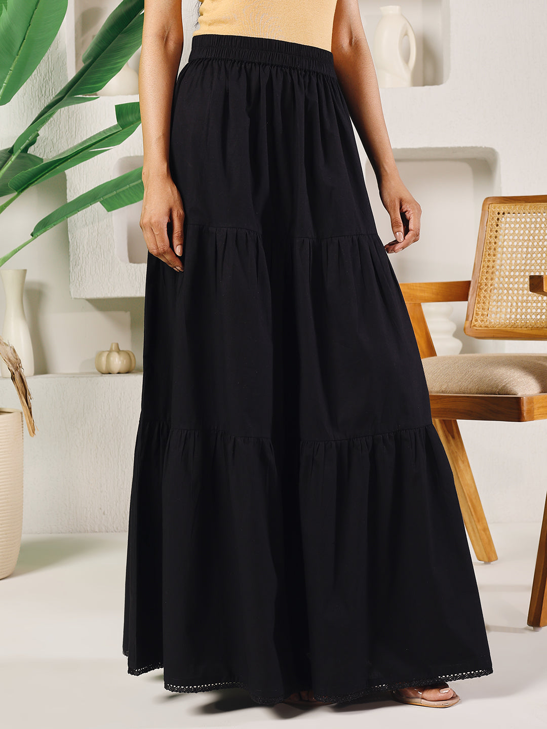 Dhiyona FL Women's Black Cotton Tiered Maxi Skirt