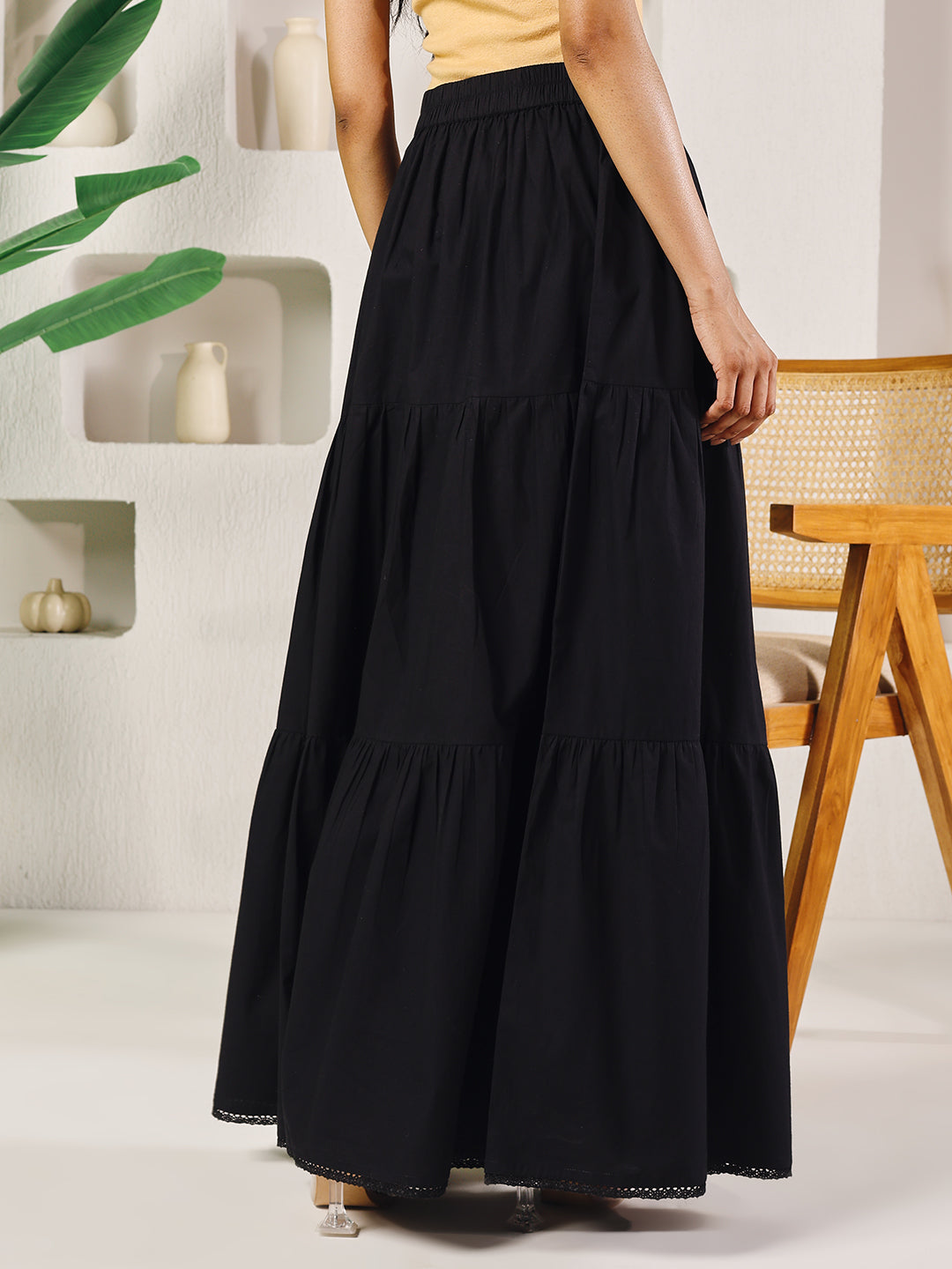 Dhiyona FL Women's Black Cotton Tiered Maxi Skirt