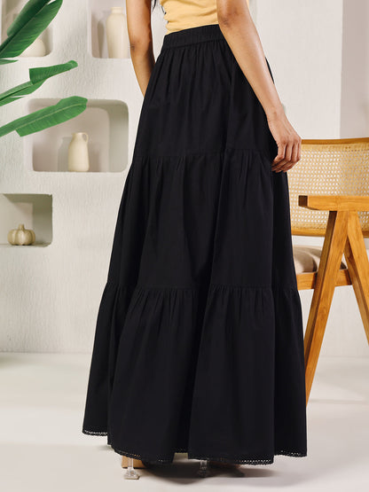 Dhiyona FL Women's Black Cotton Tiered Maxi Skirt