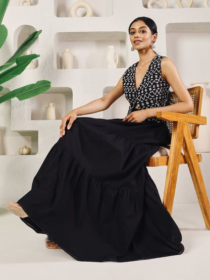 Dhiyona FL Women's Black Cotton Tiered Maxi Skirt