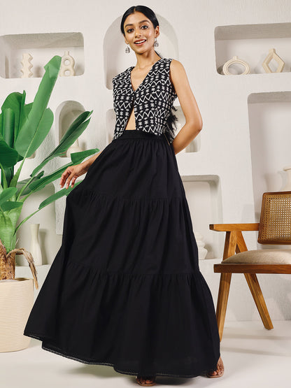 Dhiyona FL Women's Black Cotton Tiered Maxi Skirt