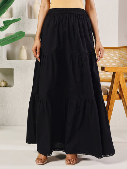 Dhiyona FL Women's Black Cotton Tiered Maxi Skirt