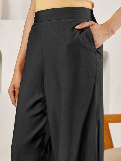 Dhiyona FL Women's Black Solid Rayon Straight Palazzo