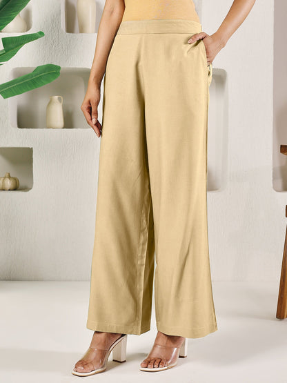 Dhiyona FL Women's Beige Solid Rayon Straight Palazzo
