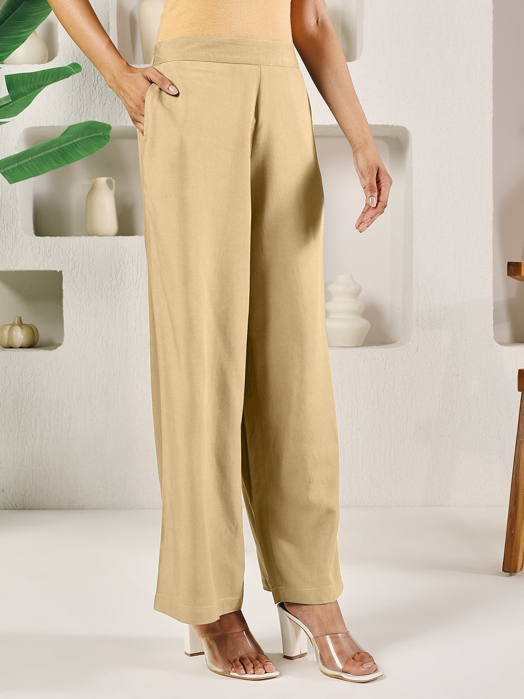 Dhiyona FL Women's Beige Solid Rayon Straight Palazzo