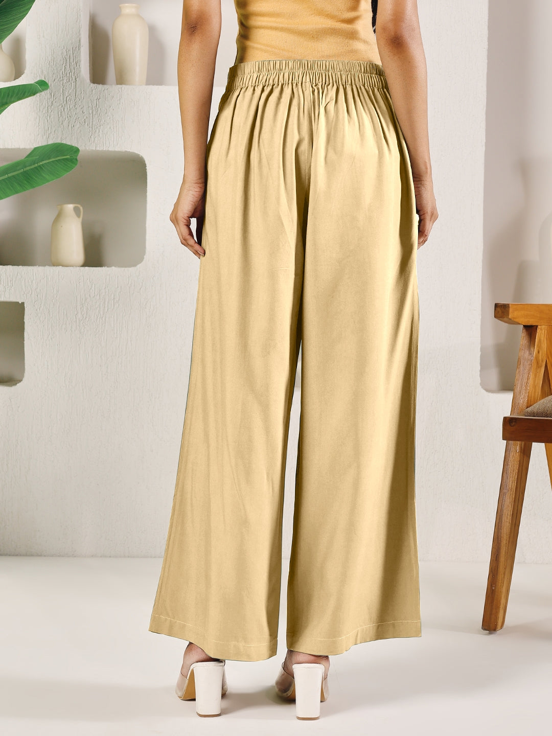 Dhiyona FL Women's Beige Solid Rayon Straight Palazzo