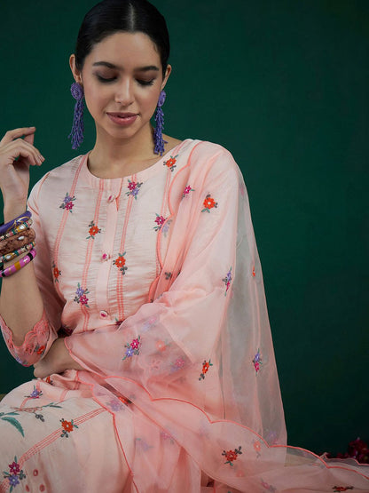 Dhiyona IE Floral Embroidered Straight Kurta With Trousers & Dupatta