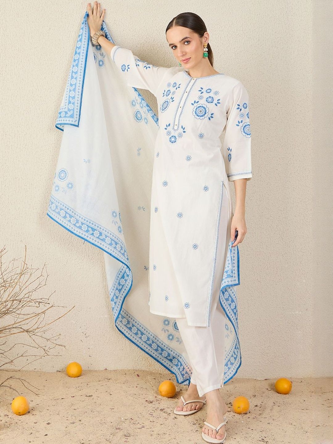 Floral Embroidered Thread Work Straight Pure Cotton Kurta & Trouser With Dupatta