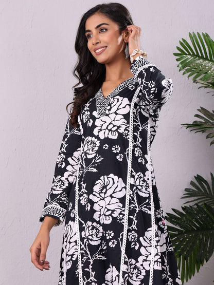 Dhiyona VA Women'sFloral Printed V-Neck Pure Cotton Kurta With Trousers
