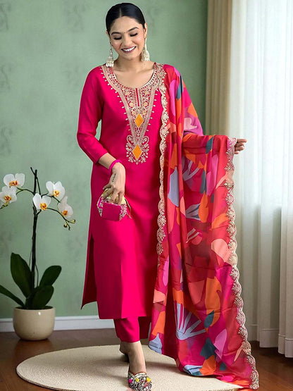 Dhiyona SN Women's Embroidered Calf Length Regular Straight Kurta Pyjama & Dupatta