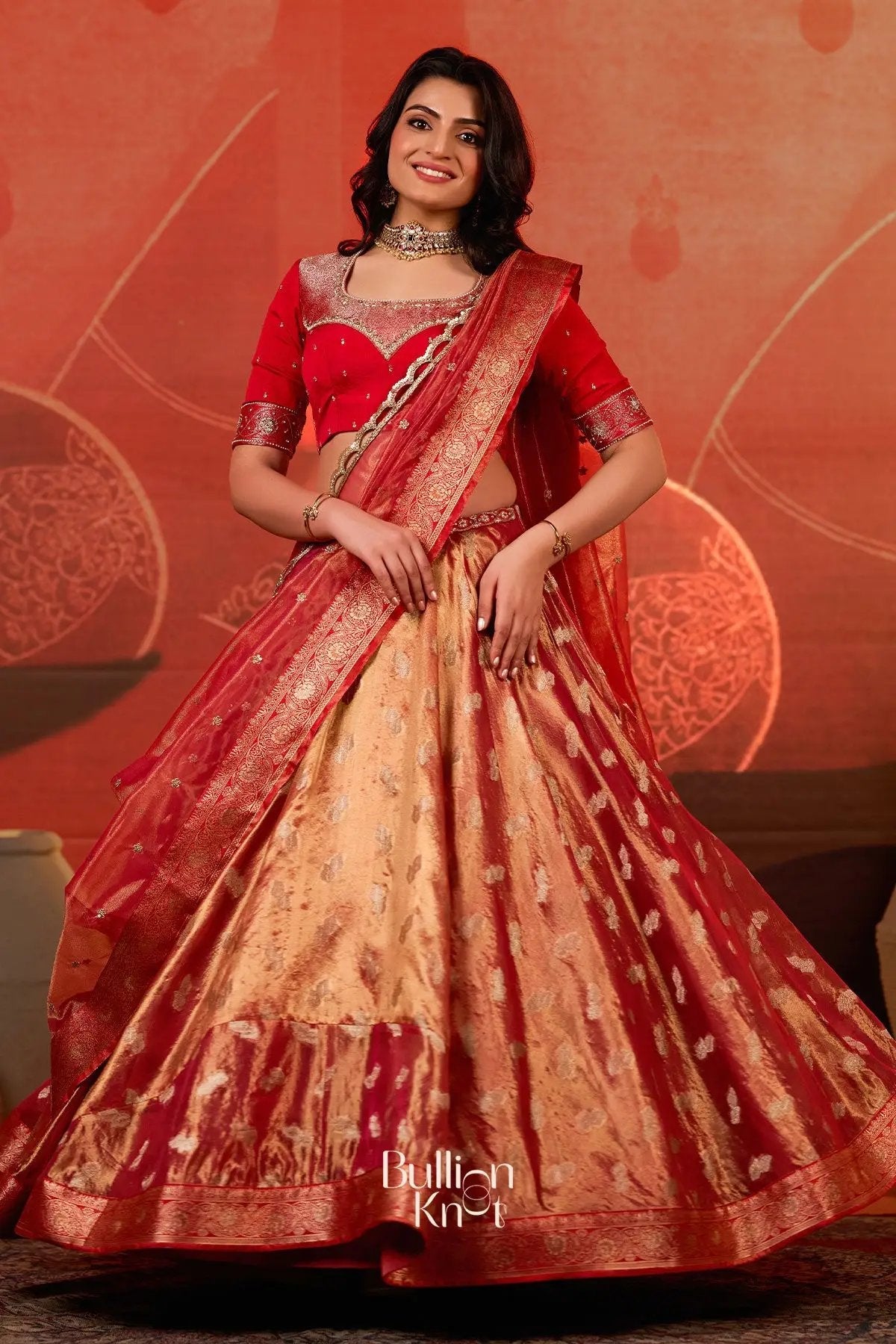 Dhiyona BN Amulya Tissue Zari Lehenga Set in Red