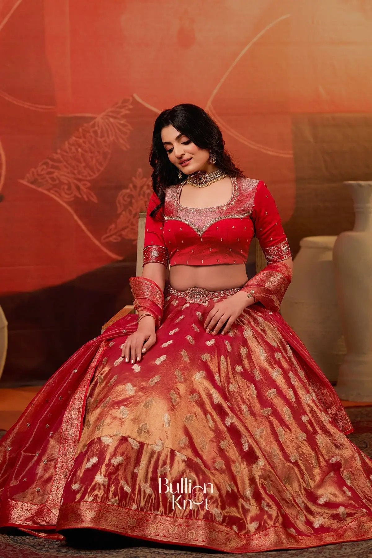 Dhiyona BN Amulya Tissue Zari Lehenga Set in Red
