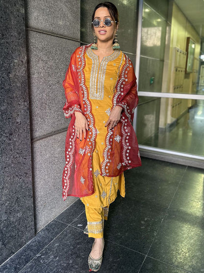 Dhiyona IE Ethnic Motifs Embroidered Gotta Patti Kurta with Trousers & Dupatta