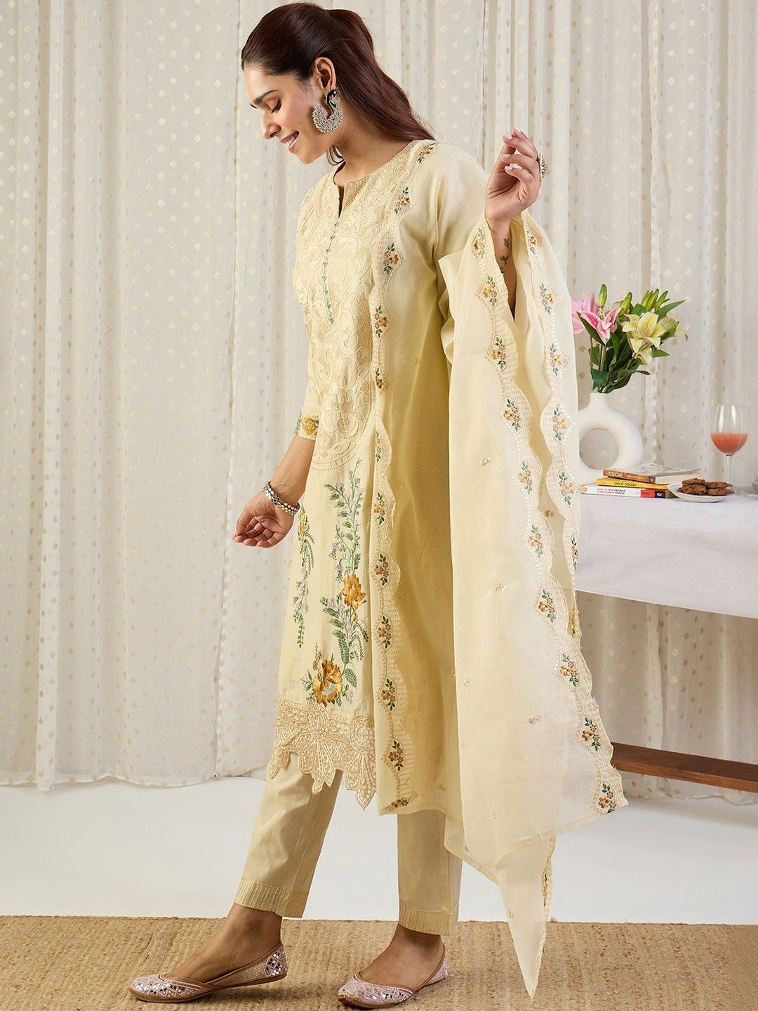 Women Embroidered Round Neck Sequinned Pure Cotton Kurta with Trousers & Dupatta