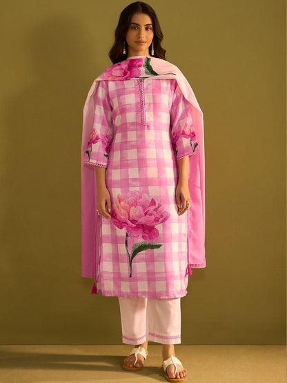 Women Floral Printed Regular Linen Kurta with Trousers & With Dupatta