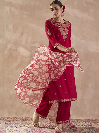 Ethnic Motifs Embroidered Notch Neck Thread Work Kurta With Trousers & Dupatta