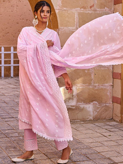 Women Ethnic Motifs Embroidered Regular Thread Work Pure Cotton Kurta with Trousers & With Dupatta