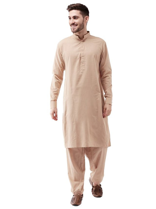 Men's Chiku Cotton Blend Straight Kurta Pyjama Set