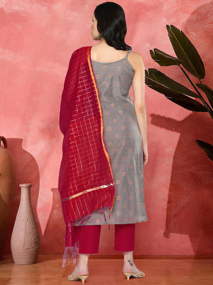 Dhiyona SN Women's Woven Design Straight Kurta With Trouser & Dupatta Set