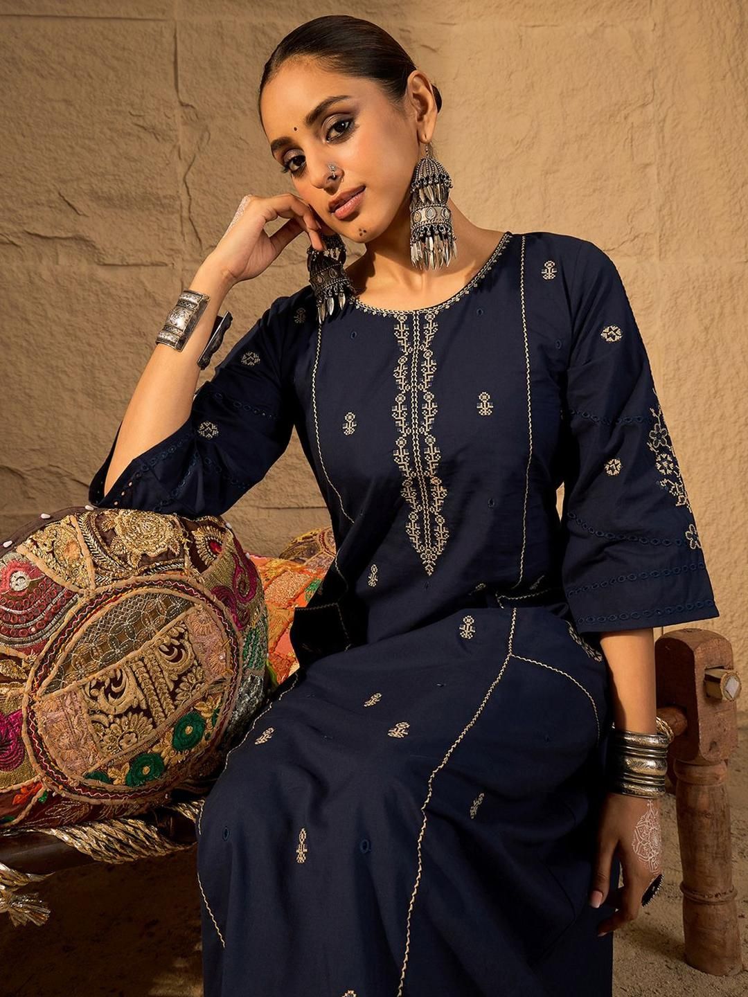 Dhiyona IE Embroidered Round Neck Pure Cotton Tunic With Trousers