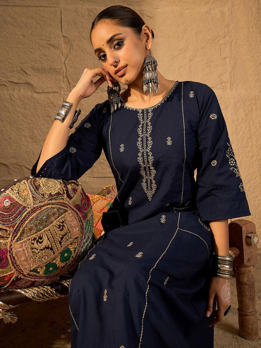 Dhiyona IE Embroidered Round Neck Pure Cotton Tunic With Trousers