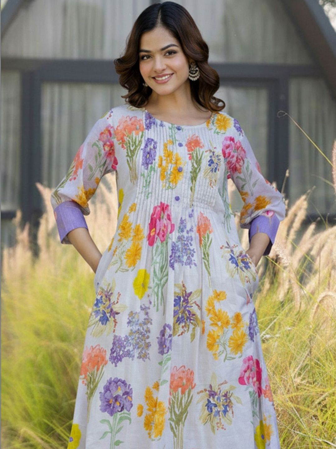 Women Floral Printed Pleated Pure Cotton Kurta with Trousers