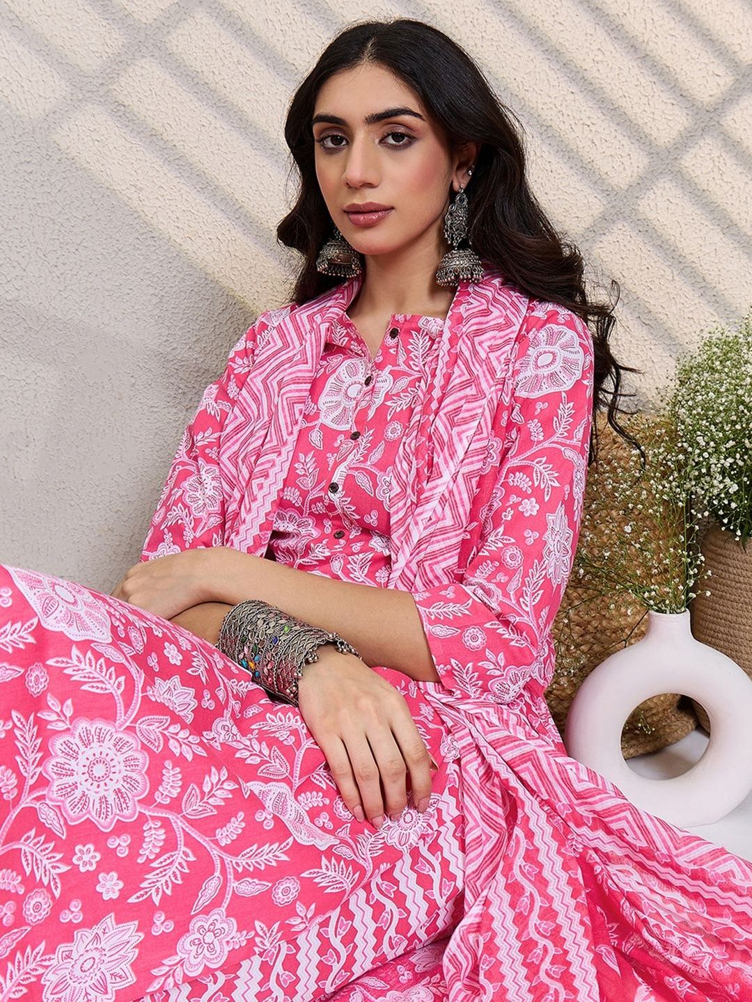 Women Floral Printed Regular Pure Cotton Kurta with Trousers & With Dupatta