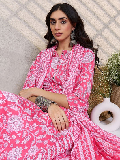 Women Floral Printed Regular Pure Cotton Kurta with Trousers & With Dupatta