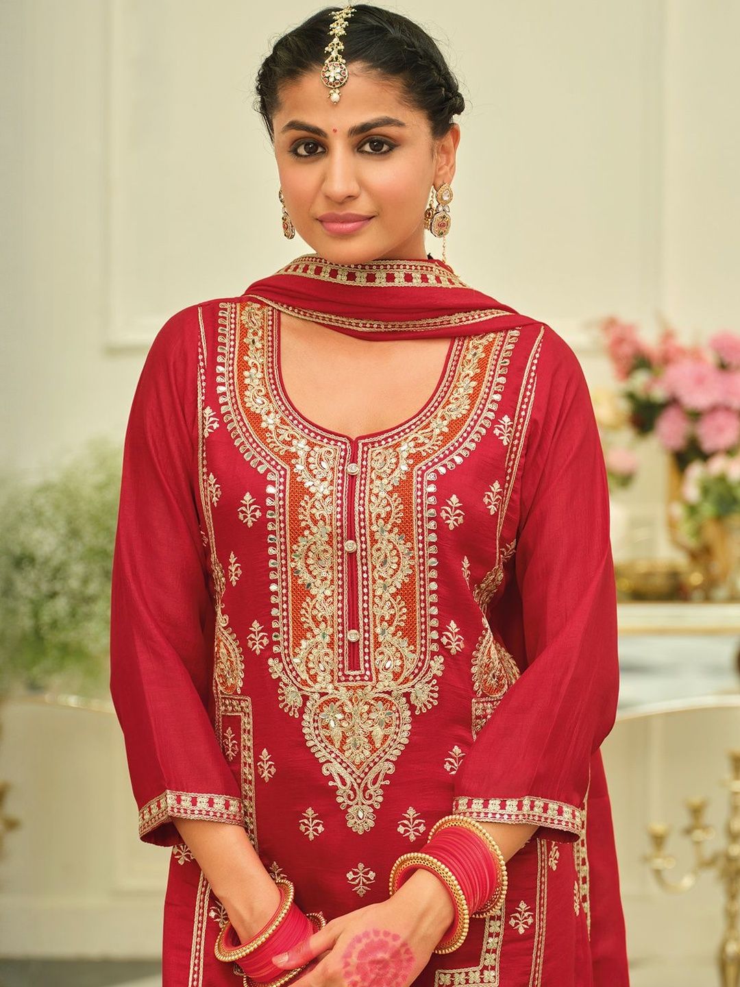 Ethnic Motifs Embroidered Straight Kurta With Palazzos & Dupatta