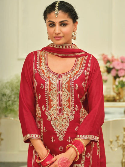 Ethnic Motifs Embroidered Straight Kurta With Palazzos & Dupatta
