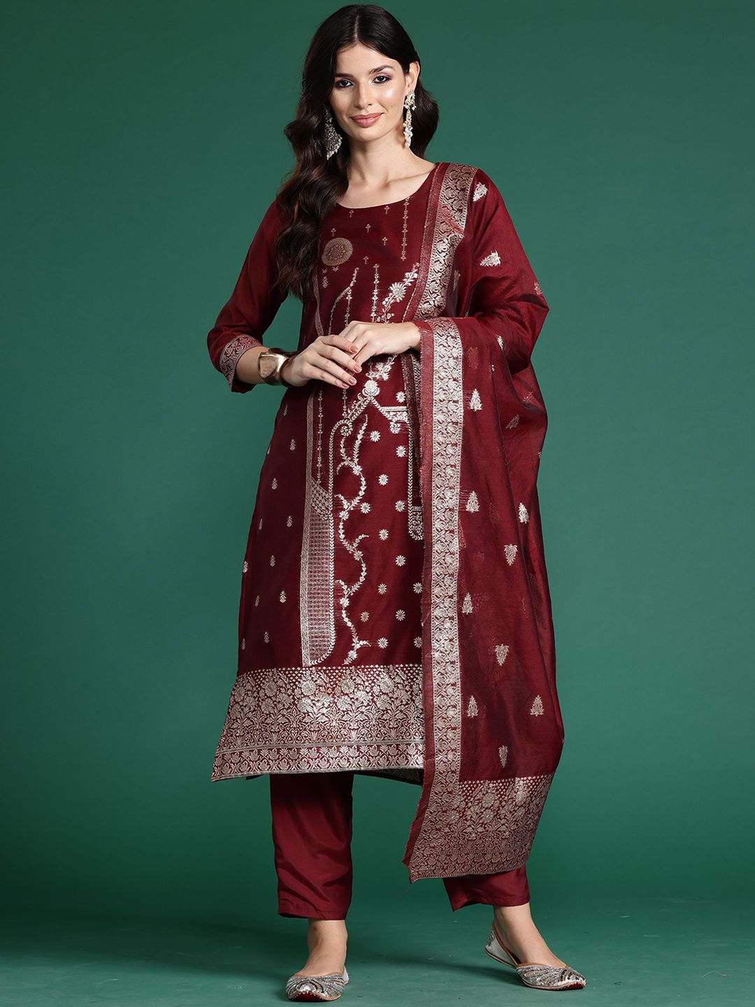 Dhiyona IE Ethnic Motifs Woven Design Straight Kurta With Trousers & Dupatta