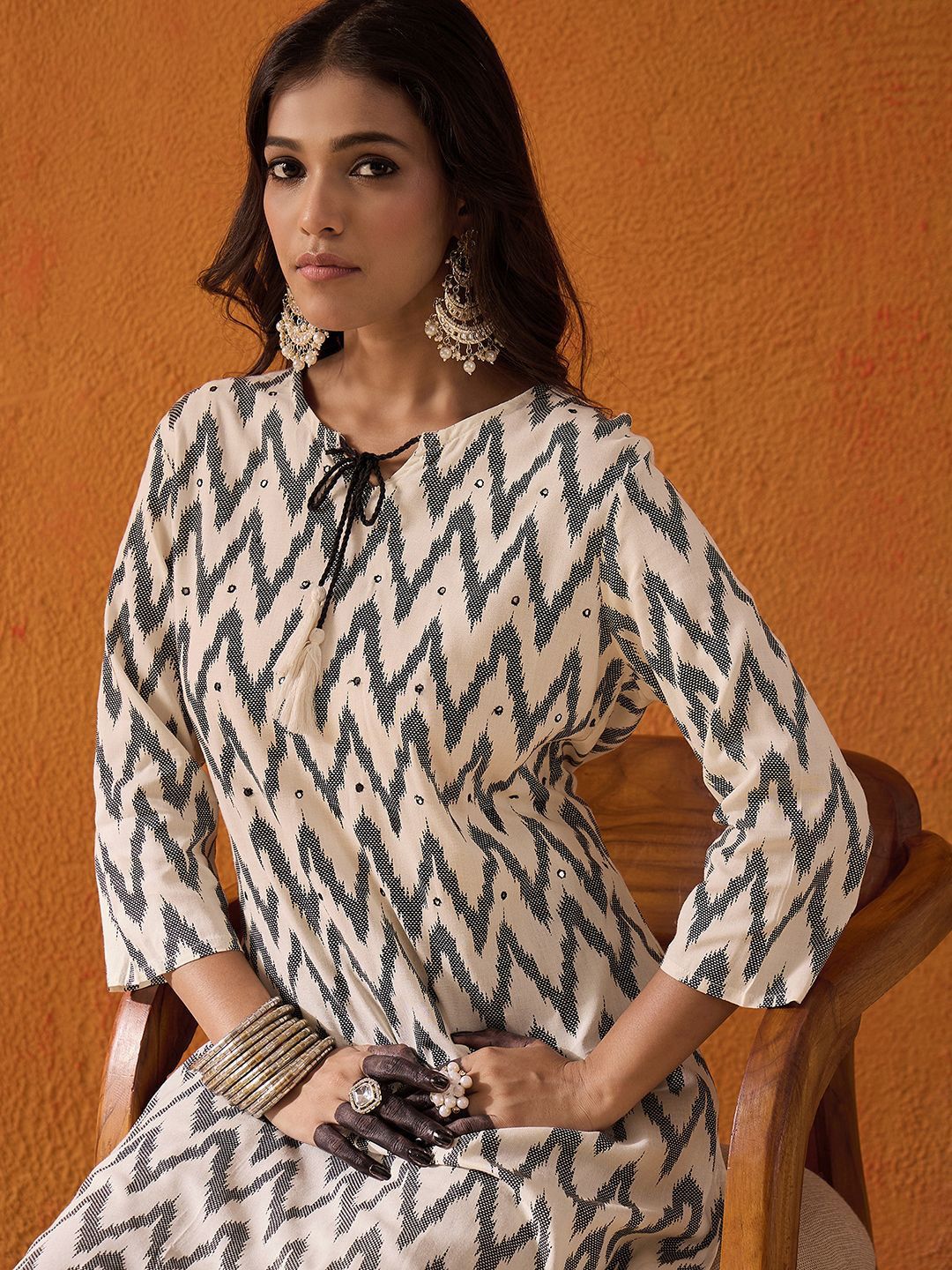 Dhiyona IE White Geometric Printed Tie Up Neck Liva Kurta with Trousers