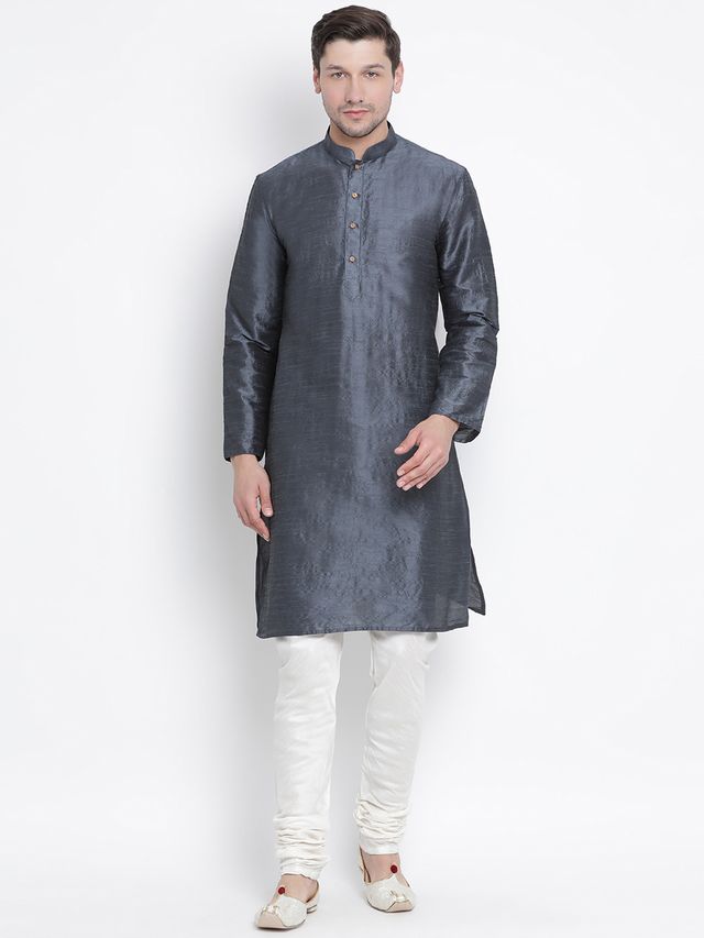 Men's Grey Silk Blend Straight Kurta Pyjama Set
