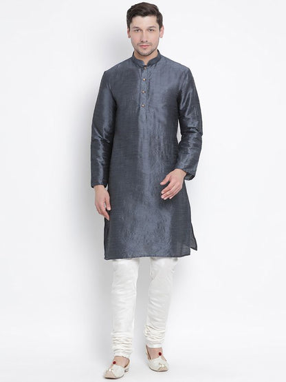 Men's Grey Silk Blend Straight Kurta Pyjama Set