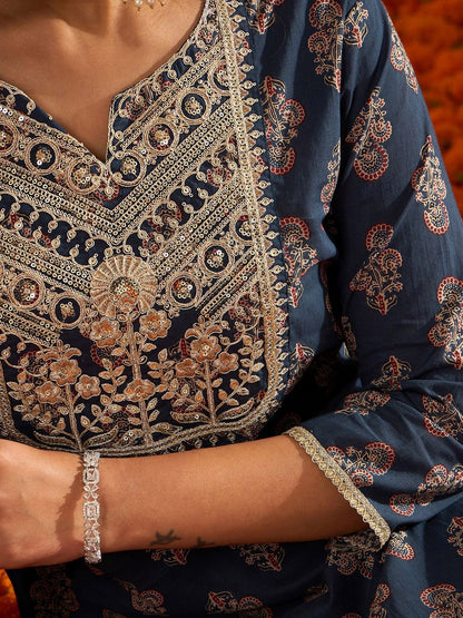 Dhiyona IE Ethnic Motifs Printed Sequinned Pure Cotton Kurta with Palazzos & Dupatta