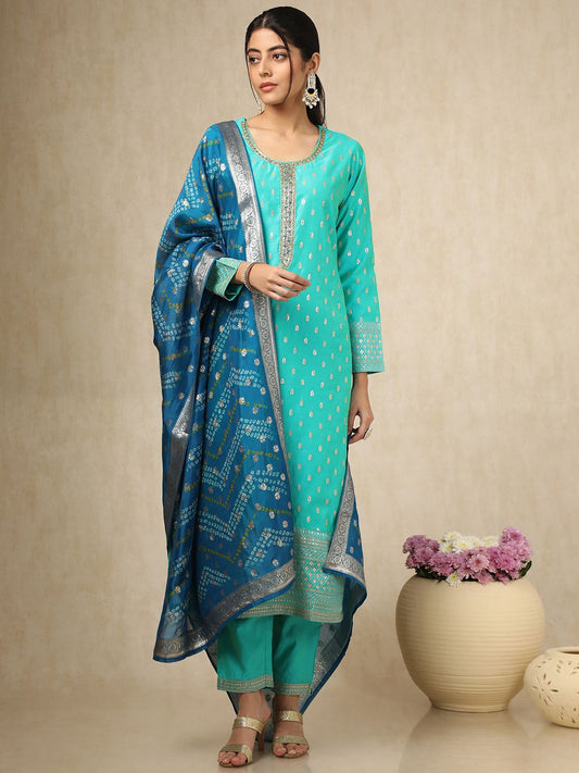 Dhiyona SO Women's Floral Embroidered Scoop Neck Sequinned Chanderi Cotton Kurta With Trousers & Dupatta