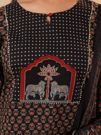 Ethnic Motifs Printed Pure Cotton Straight Kurta With Trousers & Dupatta