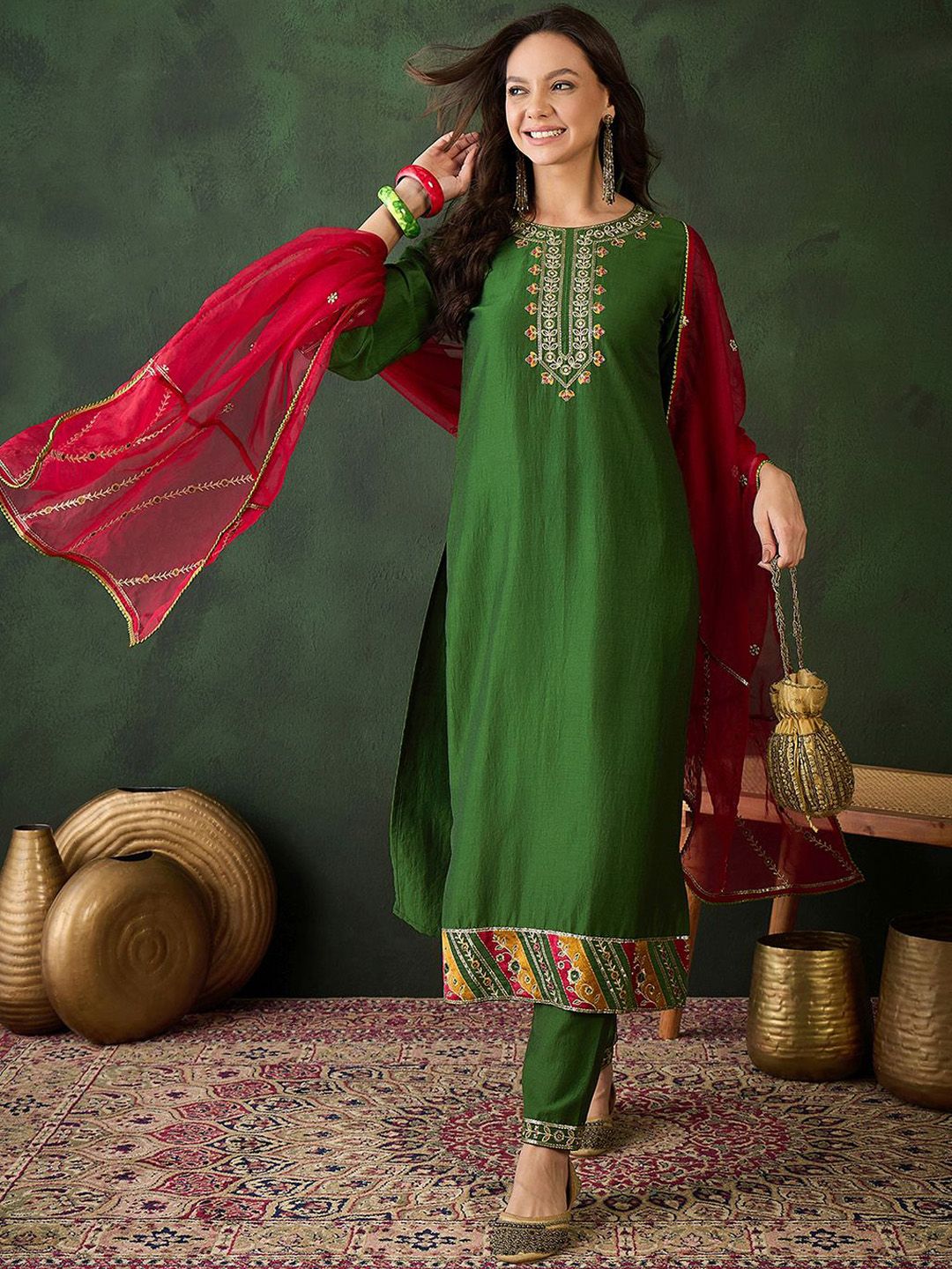 Dhiyona SN Women's Floral Embroidered Zari & Sequinned Work Straight Kurta With Trouser & Duputta