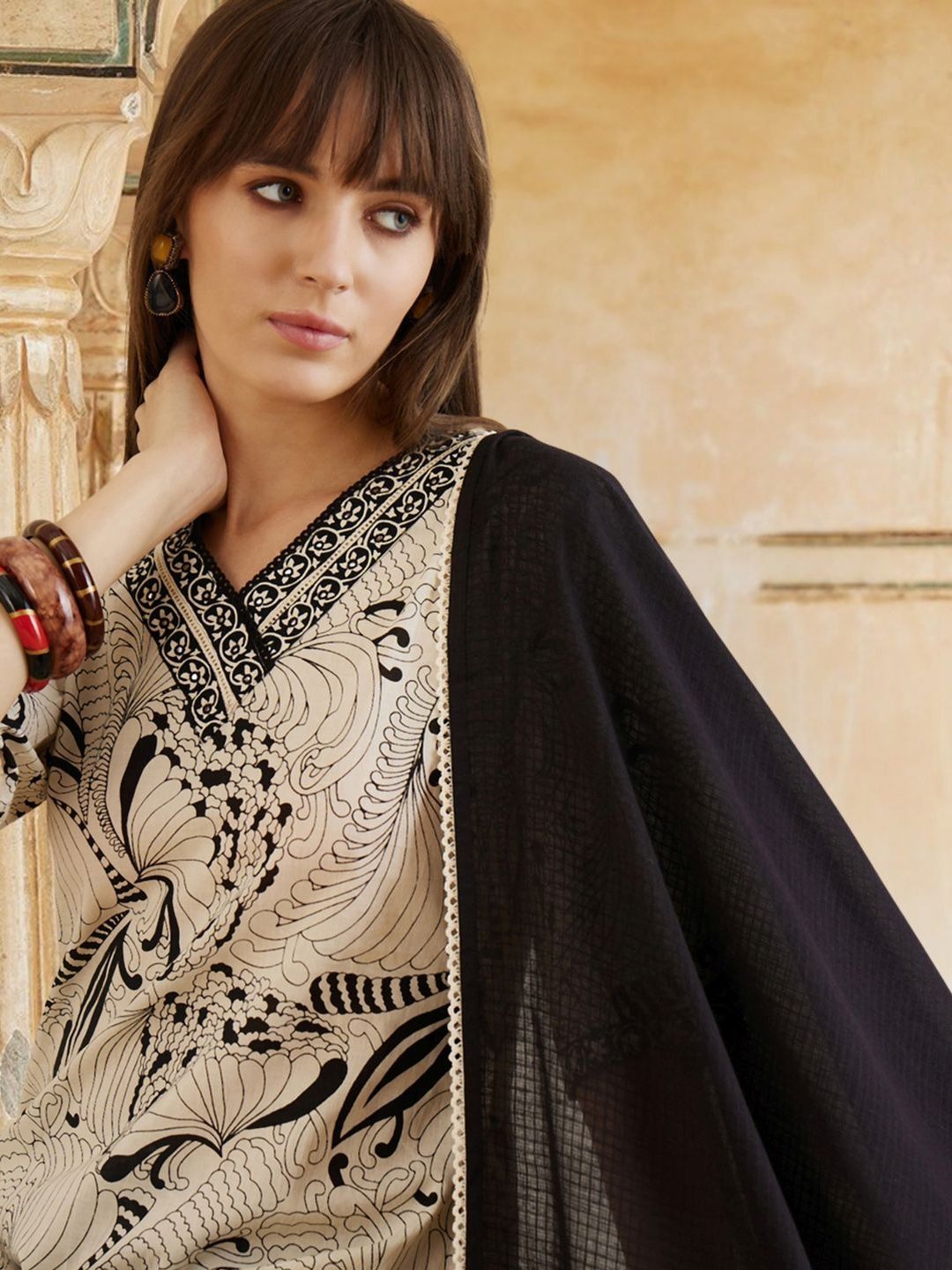 Women Ethnic Motifs Printed Regular Thread Work Pure Cotton Kurta with Trousers & With Dupatta