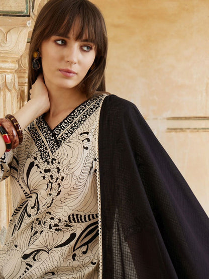 Women Ethnic Motifs Printed Regular Thread Work Pure Cotton Kurta with Trousers & With Dupatta