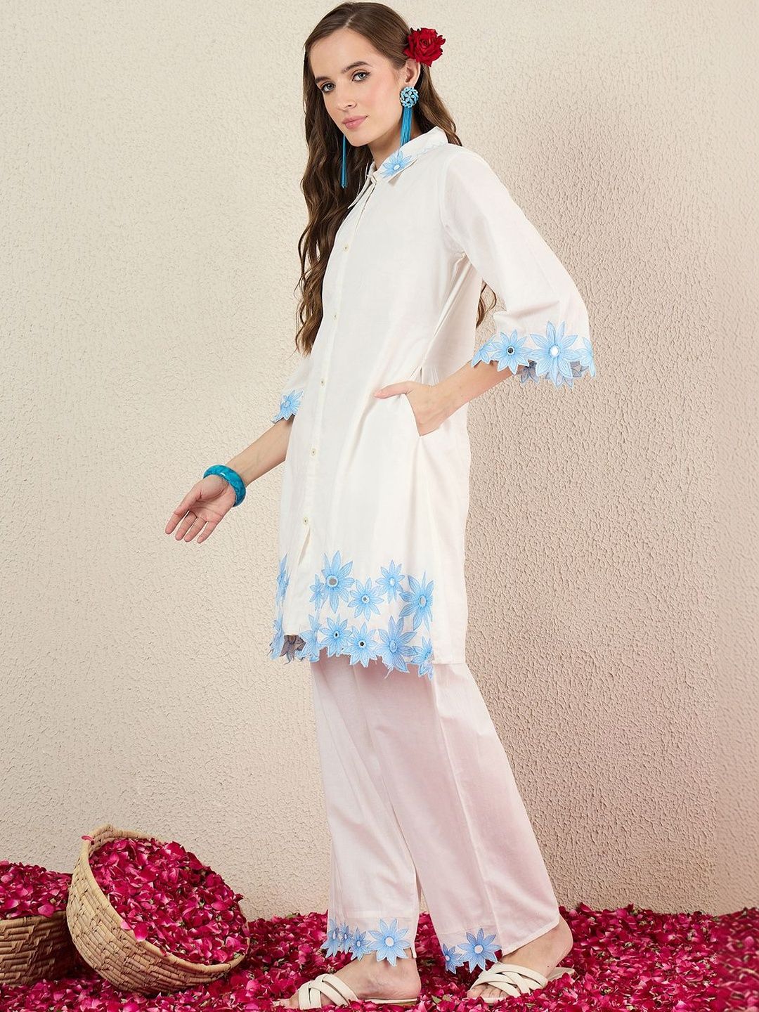 Women Floral Embroidered Regular Thread Work Pure Cotton Kurta with Trousers
